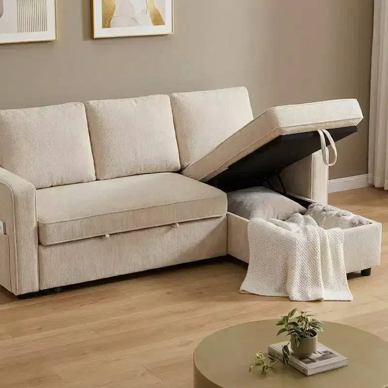 Dyonery 81 Chenille Sleeper Sofa Bed with Reversible Storage Chaise, L-Shaped Pull Out Sectional Couch for Guest Room