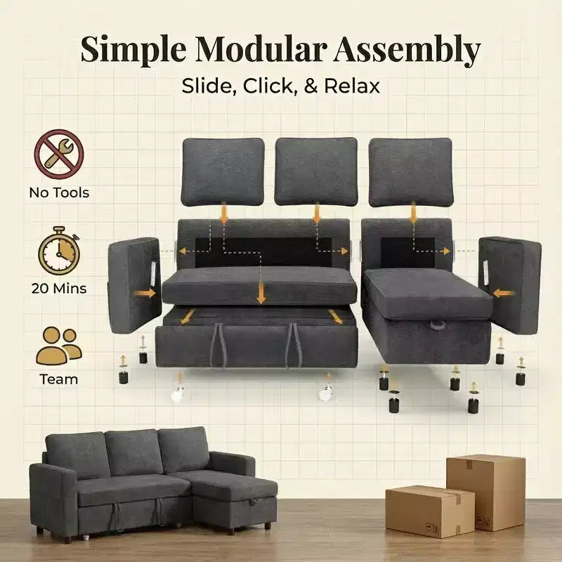 Divano sezionale a L con letto estraibile in ciniglia e lino grigio scuro/verde, 3 posti