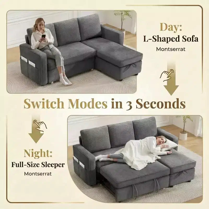 Divano sezionale a L con letto estraibile in ciniglia e lino grigio scuro/verde, 3 posti