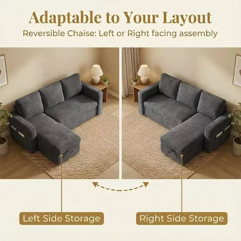 Divano sezionale a L con letto estraibile in ciniglia e lino grigio scuro/verde, 3 posti