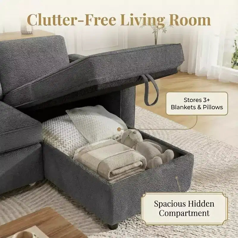 Divano sezionale a L con letto estraibile in ciniglia e lino grigio scuro/verde, 3 posti