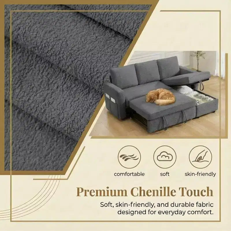 Divano sezionale a L con letto estraibile in ciniglia e lino grigio scuro/verde, 3 posti