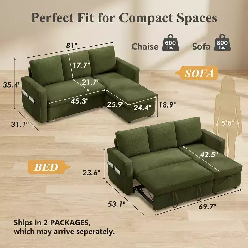 Divano sezionale a L con letto estraibile in ciniglia e lino grigio scuro/verde, 3 posti