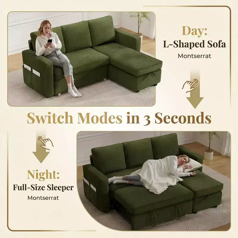 Divano sezionale a L con letto estraibile in ciniglia e lino grigio scuro/verde, 3 posti
