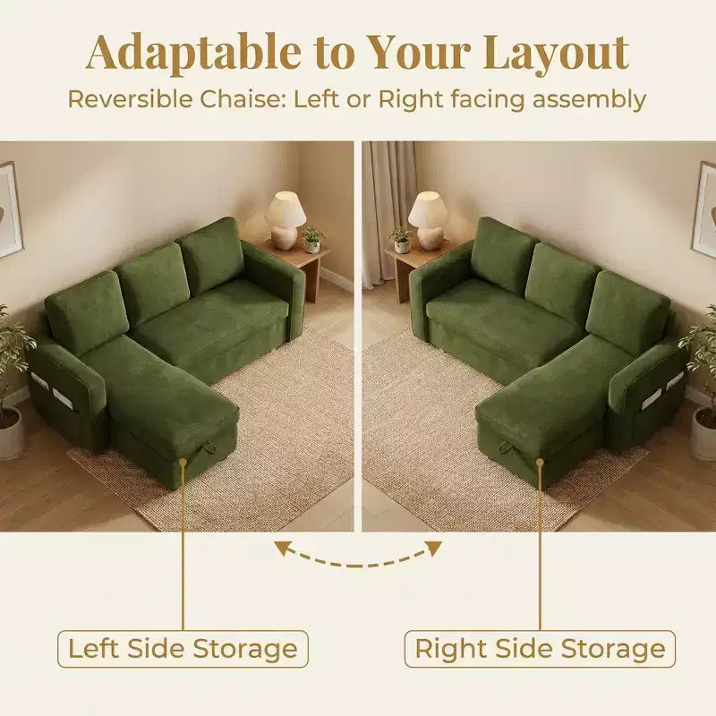 Divano sezionale a L con letto estraibile in ciniglia e lino grigio scuro/verde, 3 posti