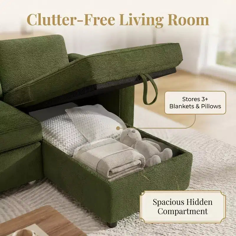 Divano sezionale a L con letto estraibile in ciniglia e lino grigio scuro/verde, 3 posti