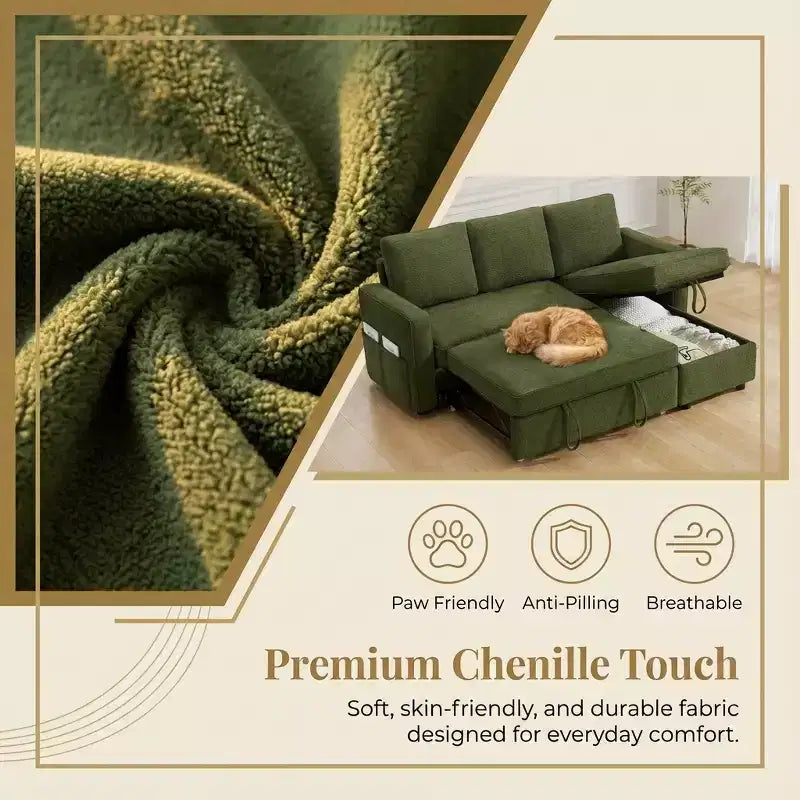 Divano sezionale a L con letto estraibile in ciniglia e lino grigio scuro/verde, 3 posti