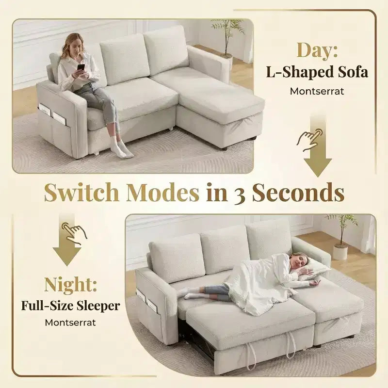 Divano sezionale a L con letto estraibile in ciniglia e lino grigio scuro/verde, 3 posti