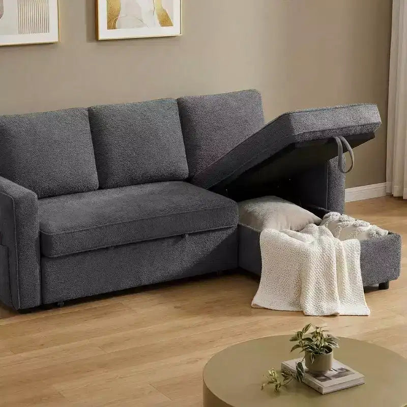 Divano sezionale a L con letto estraibile in ciniglia e lino grigio scuro/verde, 3 posti