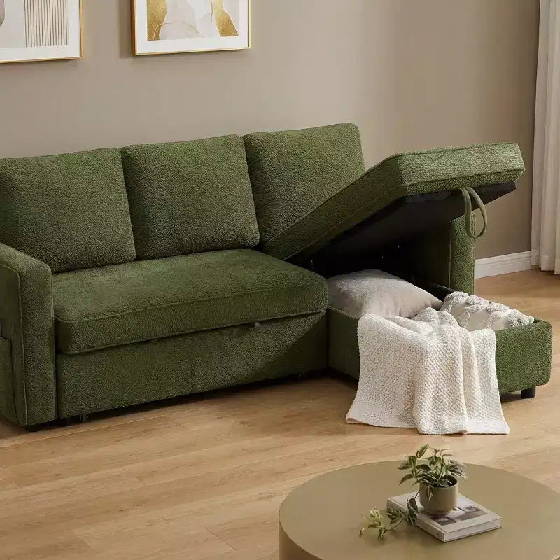 Divano sezionale a L con letto estraibile in ciniglia e lino grigio scuro/verde, 3 posti