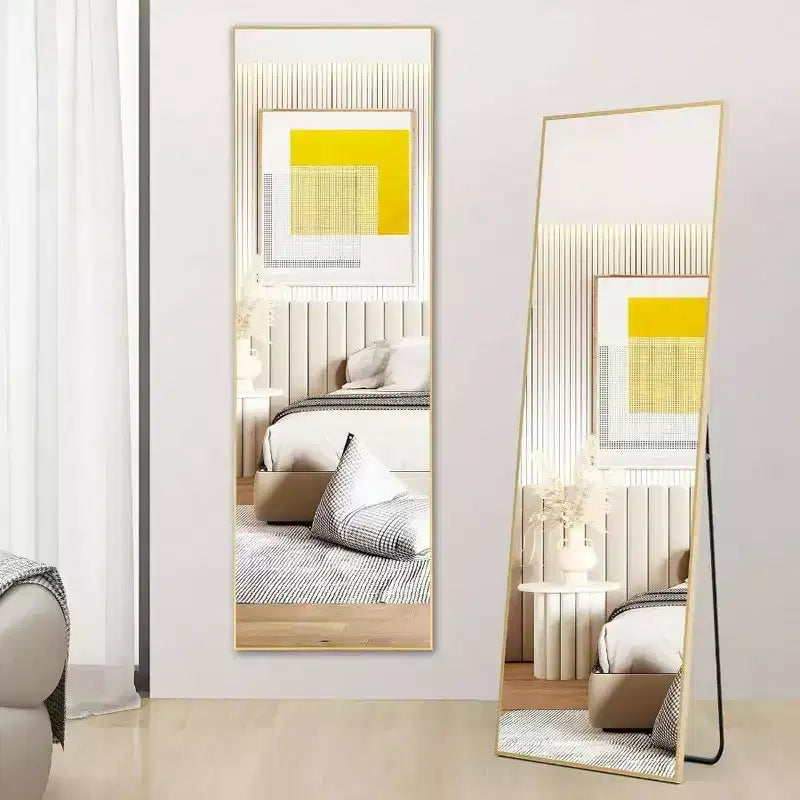 Specchio Oro a Figura Intera, 150×40 cm, Cornice in Alluminio, da Terra/Parete, 1 Persona