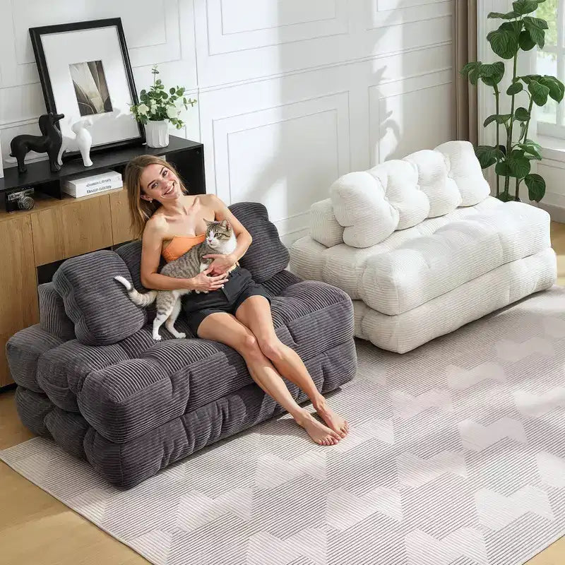 Divano Letto Pieghevole in Velluto a Coste Blu / Grigio / Bianco – Matrimoniale, 2 Posti