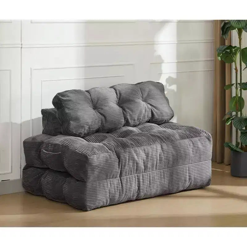 Divano Letto Pieghevole in Velluto a Coste Blu / Grigio / Bianco – Matrimoniale, 2 Posti