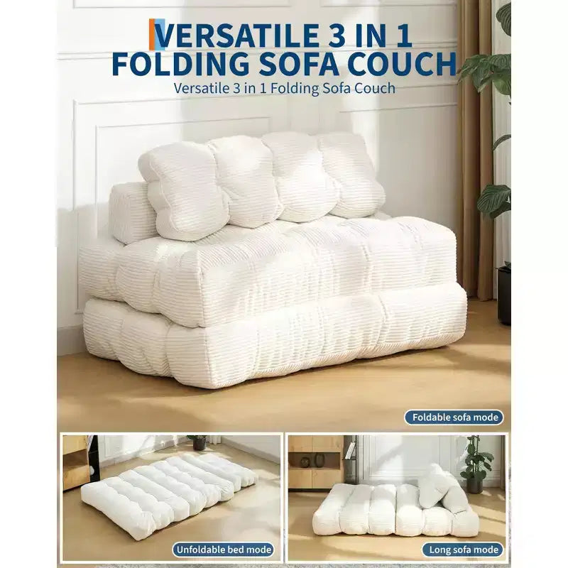 Divano Letto Pieghevole in Velluto a Coste Blu / Grigio / Bianco – Matrimoniale, 2 Posti