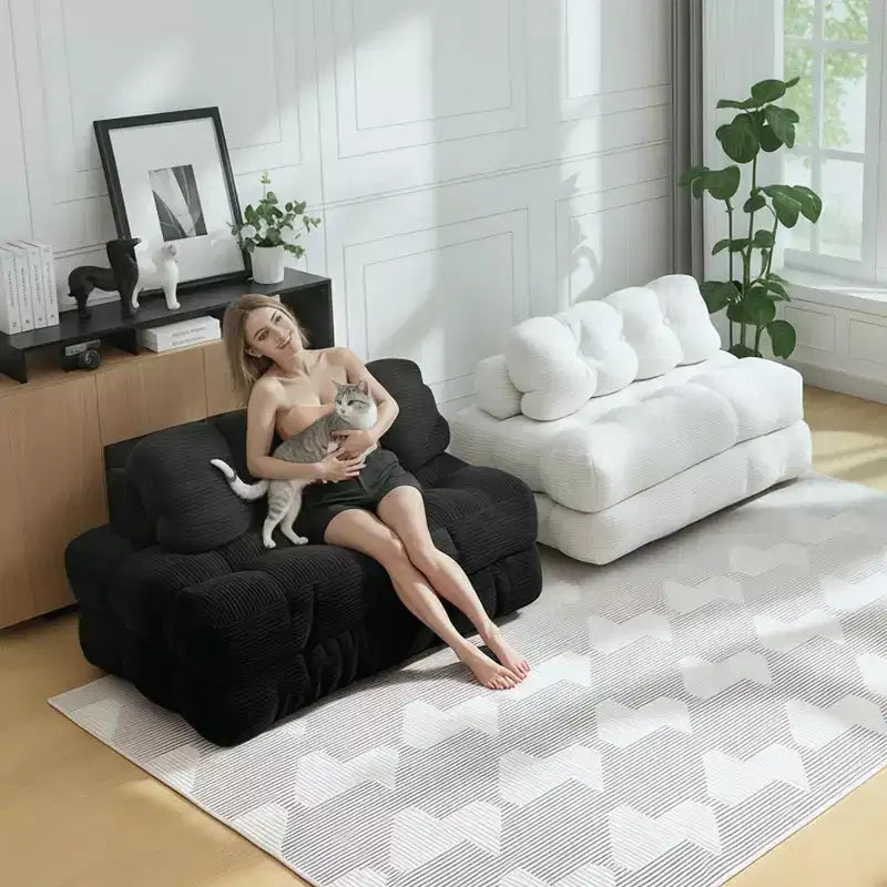 Divano Letto Pieghevole in Velluto a Coste Blu / Grigio / Bianco – Matrimoniale, 2 Posti