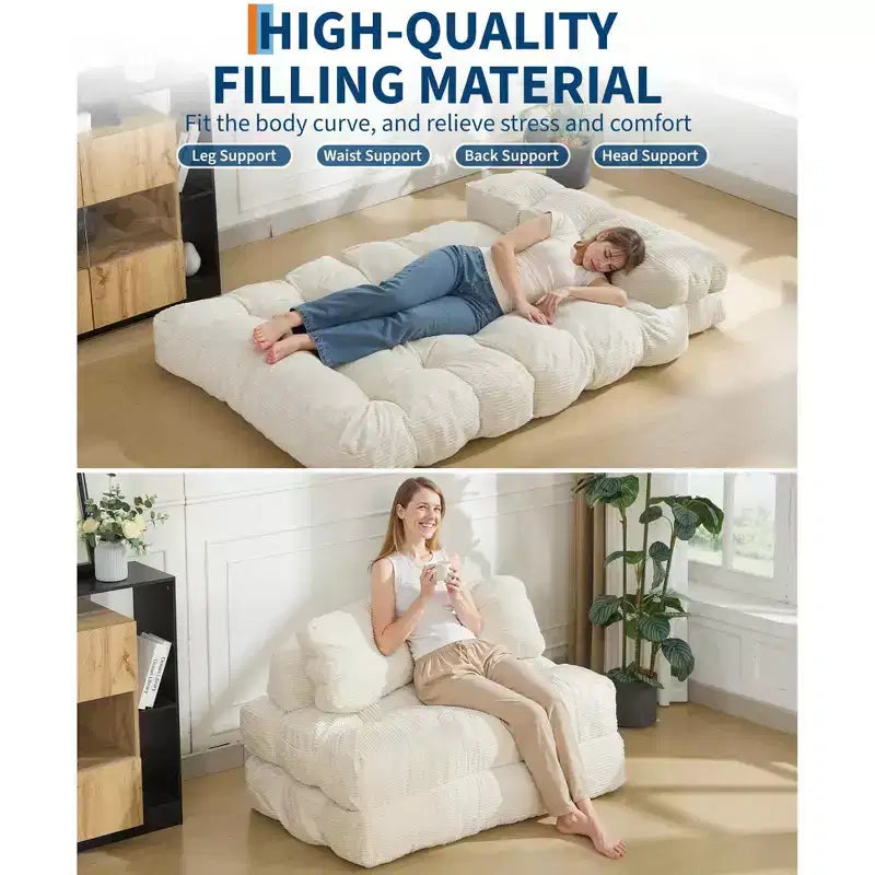 Divano Letto Pieghevole in Velluto a Coste Blu / Grigio / Bianco – Matrimoniale, 2 Posti