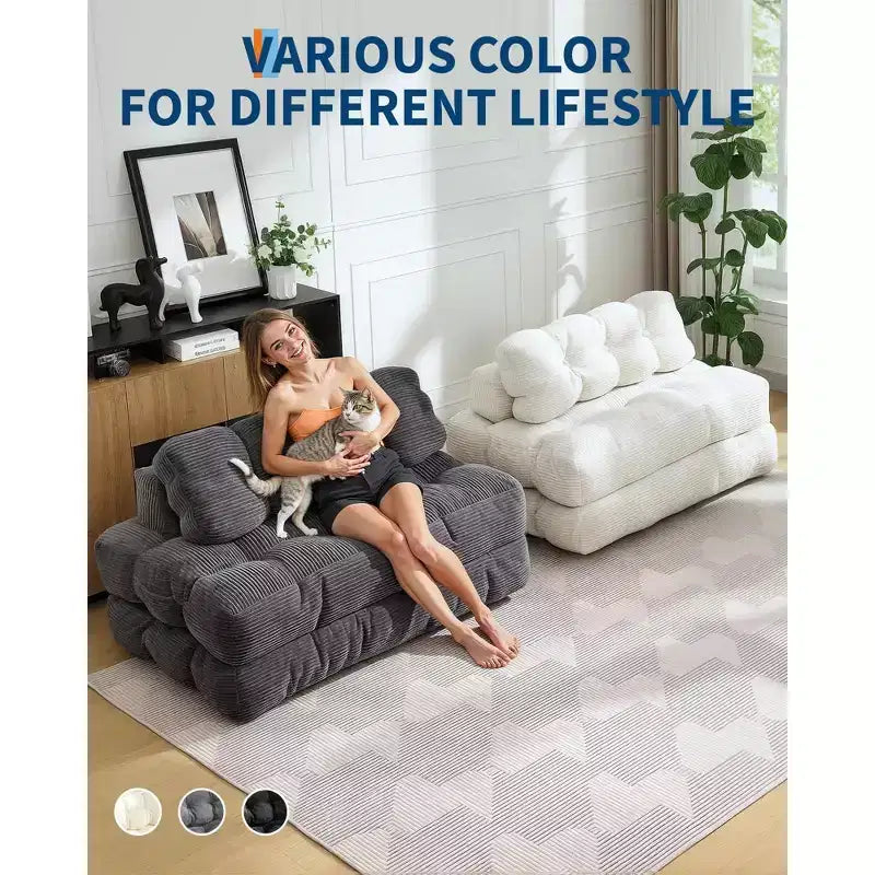 Divano Letto Pieghevole in Velluto a Coste Blu / Grigio / Bianco – Matrimoniale, 2 Posti