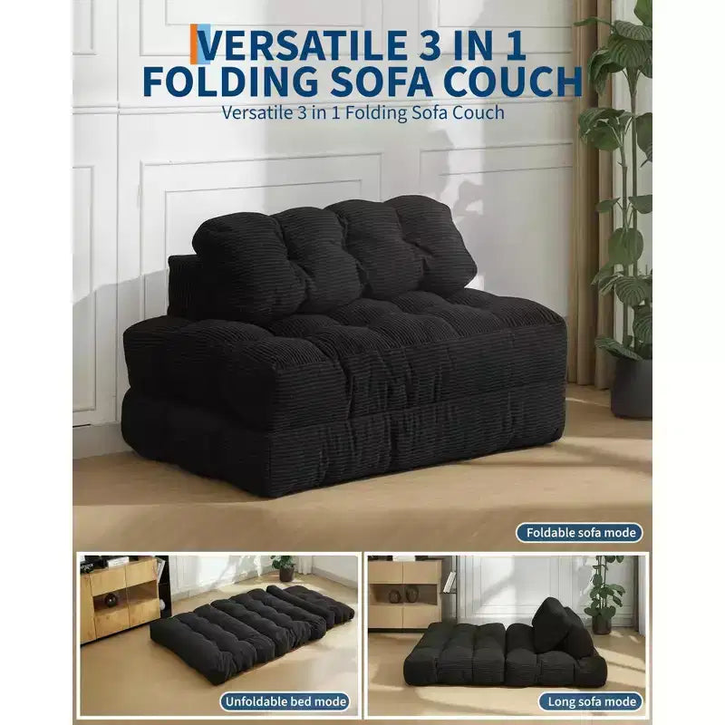 Divano Letto Pieghevole in Velluto a Coste Blu / Grigio / Bianco – Matrimoniale, 2 Posti