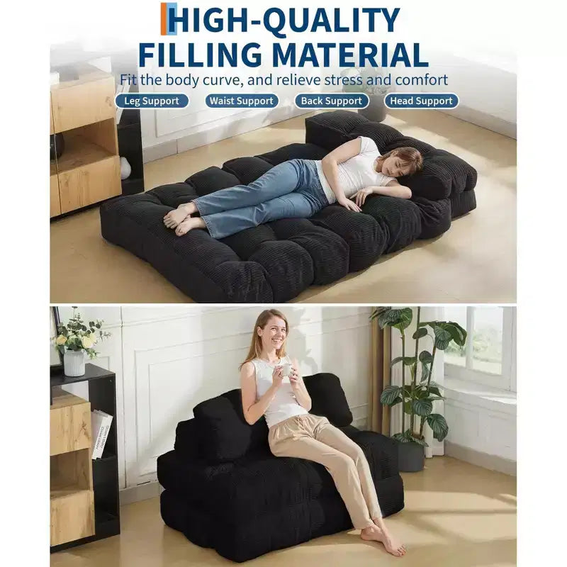 Divano Letto Pieghevole in Velluto a Coste Blu / Grigio / Bianco – Matrimoniale, 2 Posti