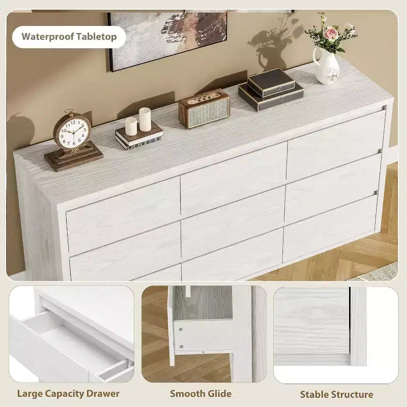 Cassettiera a 9 cassetti, Nero / Bianco / Legno, Senza maniglie
