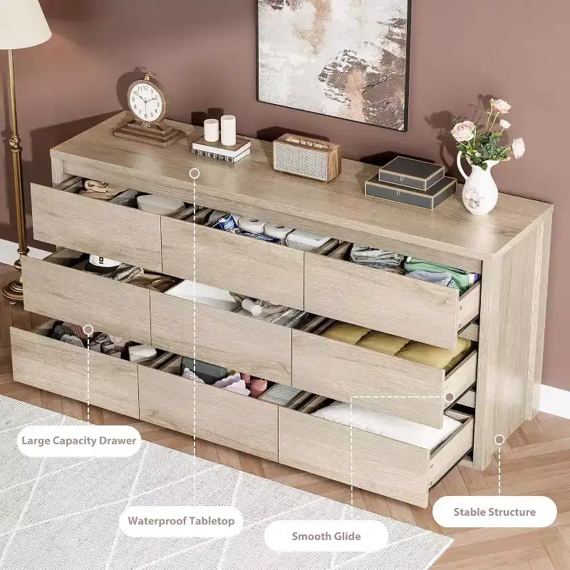 Cassettiera a 9 cassetti, Nero / Bianco / Legno, Senza maniglie