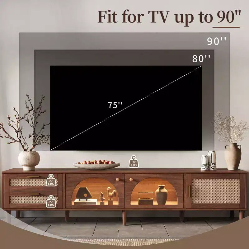 Mobile TV Marrone Scuro per TV fino a 90", Ante in Rattan, Supporta 1 TV