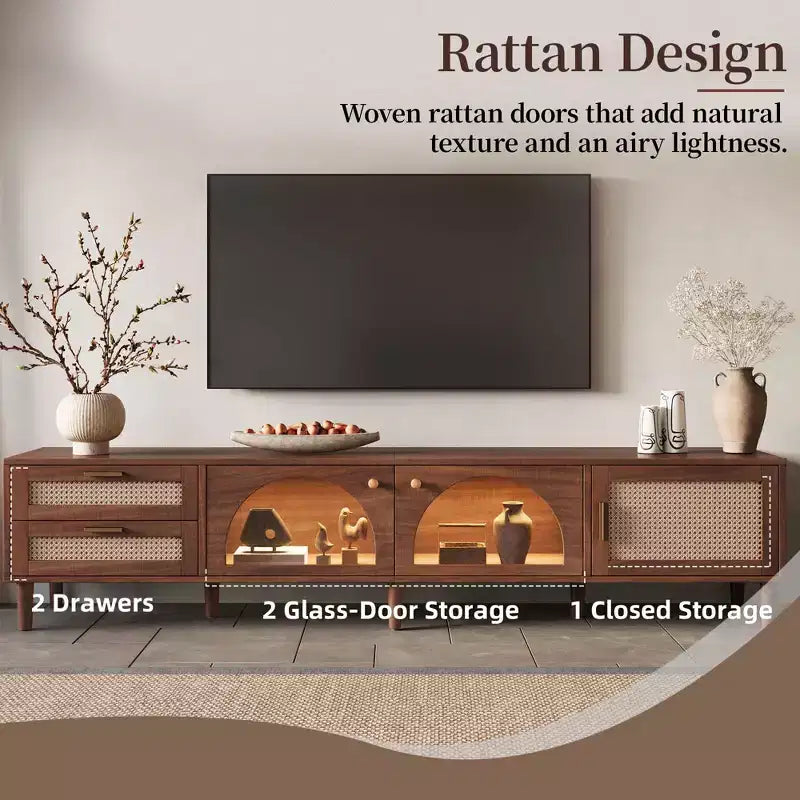 Mobile TV Marrone Scuro per TV fino a 90", Ante in Rattan, Supporta 1 TV
