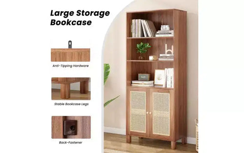 Libreria alta a 5 ripiani con ante in rattan – Nero / Naturale / Noce / Bianco