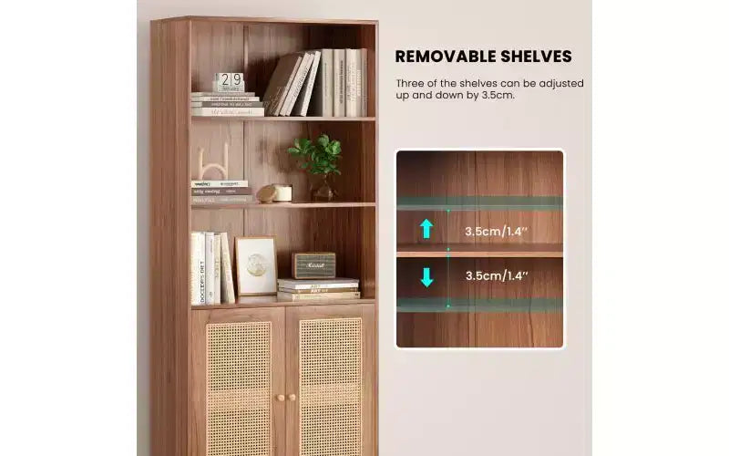 Libreria alta a 5 ripiani con ante in rattan – Nero / Naturale / Noce / Bianco