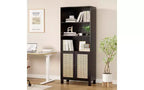 Libreria alta a 5 ripiani con ante in rattan – Nero / Naturale / Noce / Bianco