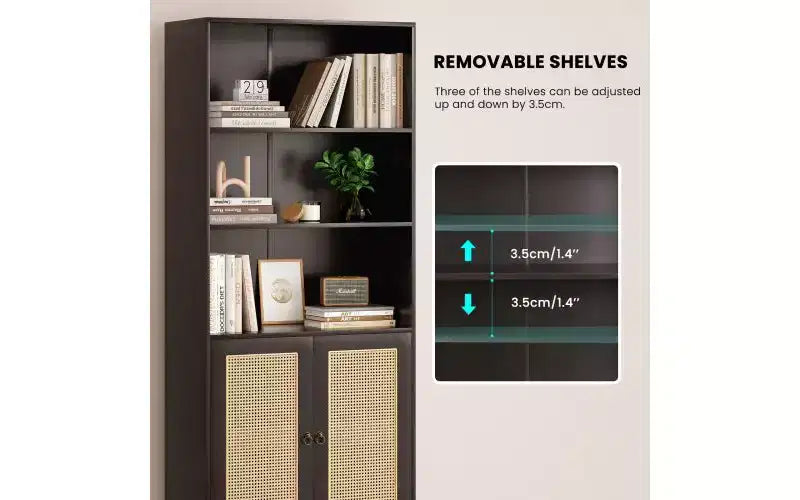 Libreria alta a 5 ripiani con ante in rattan – Nero / Naturale / Noce / Bianco