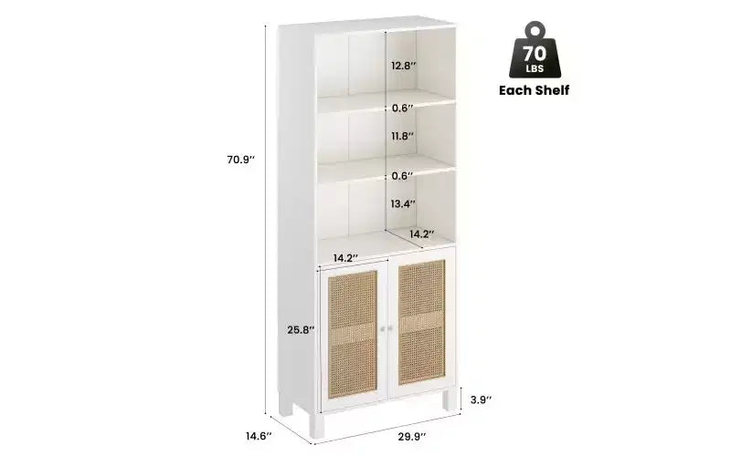 Libreria alta a 5 ripiani con ante in rattan – Nero / Naturale / Noce / Bianco