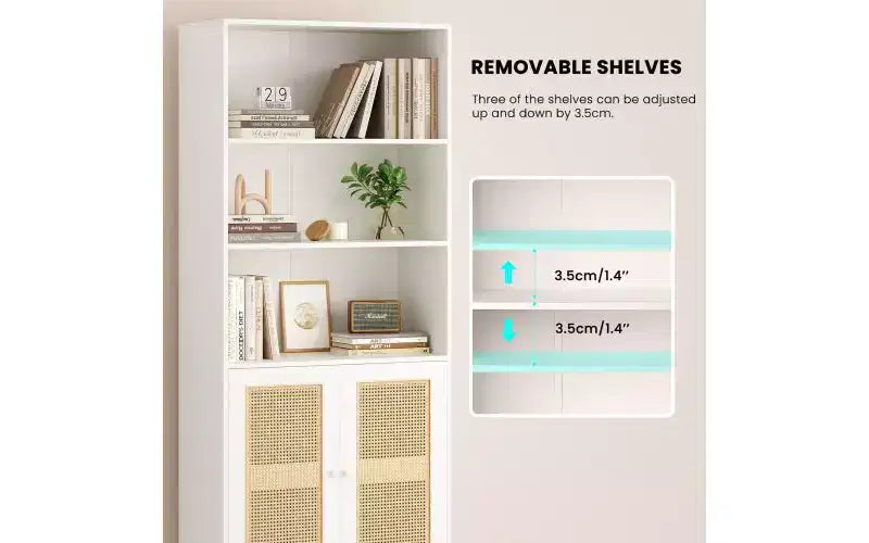 Libreria alta a 5 ripiani con ante in rattan – Nero / Naturale / Noce / Bianco