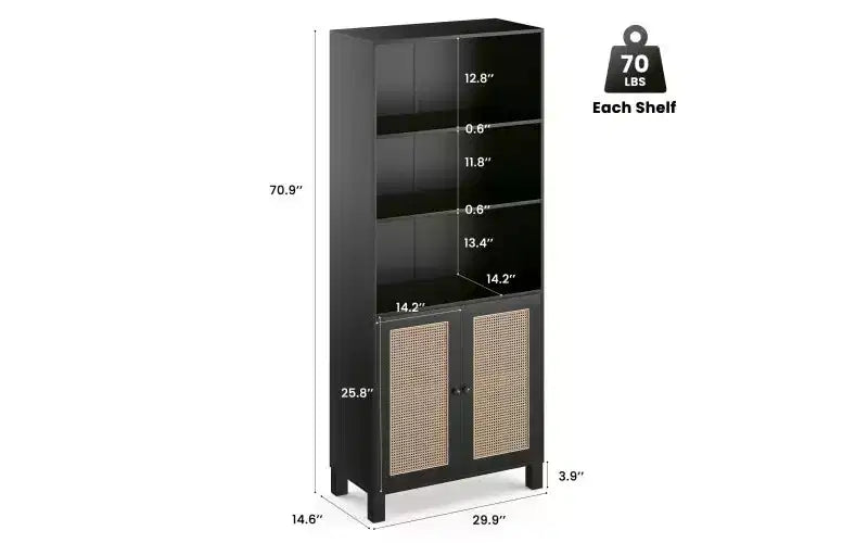 Libreria alta a 5 ripiani con ante in rattan – Nero / Naturale / Noce / Bianco
