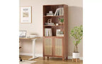 Libreria alta a 5 ripiani con ante in rattan – Nero / Naturale / Noce / Bianco