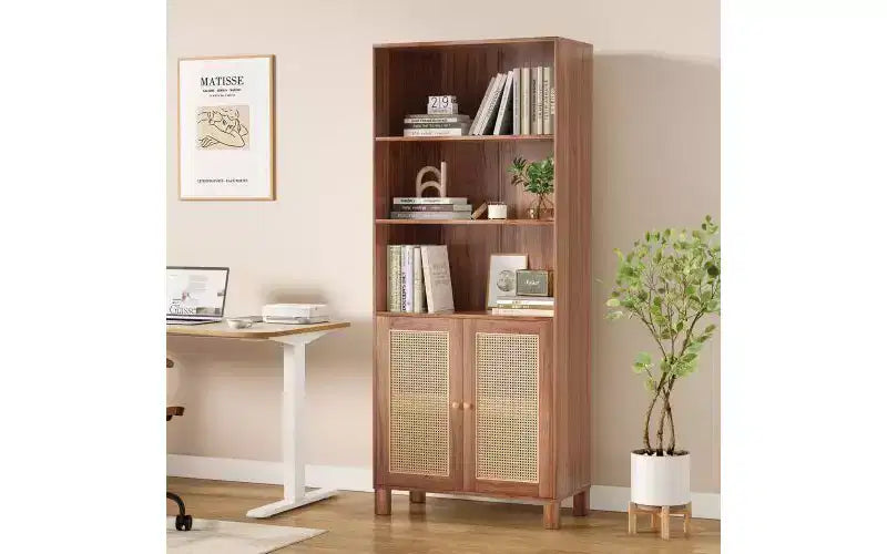 Libreria alta a 5 ripiani con ante in rattan – Nero / Naturale / Noce / Bianco