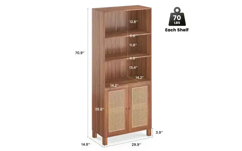 Libreria alta a 5 ripiani con ante in rattan – Nero / Naturale / Noce / Bianco