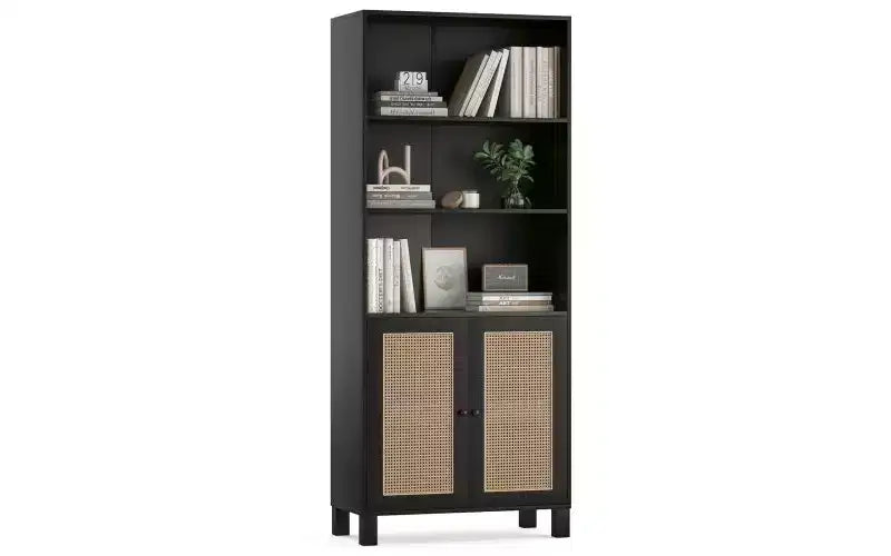 Libreria alta a 5 ripiani con ante in rattan – Nero / Naturale / Noce / Bianco