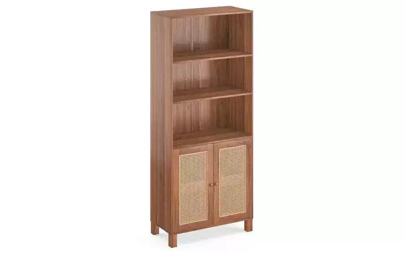 Libreria alta a 5 ripiani con ante in rattan – Nero / Naturale / Noce / Bianco