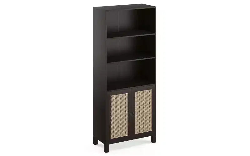 Libreria alta a 5 ripiani con ante in rattan – Nero / Naturale / Noce / Bianco