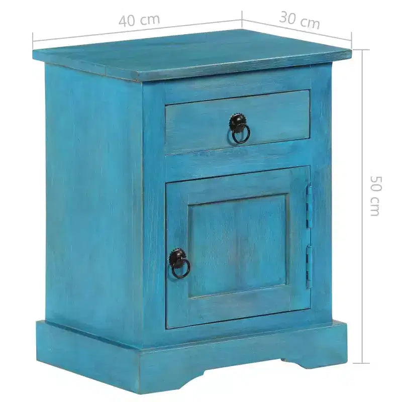 Comodino Vintage Blu con Scomparto | Legno Massello di Mango | 1 Persona