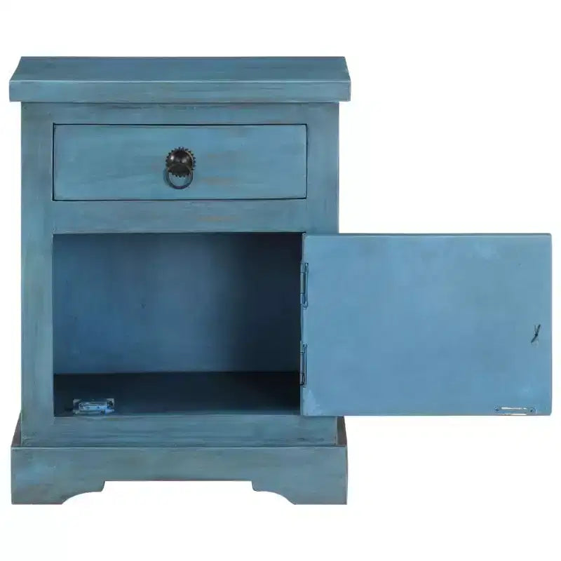 Comodino Vintage Blu con Scomparto | Legno Massello di Mango | 1 Persona
