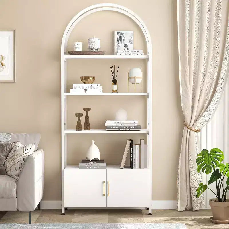 Libreria alta ad arco bianco, 4 ripiani, singola, bianco e nero