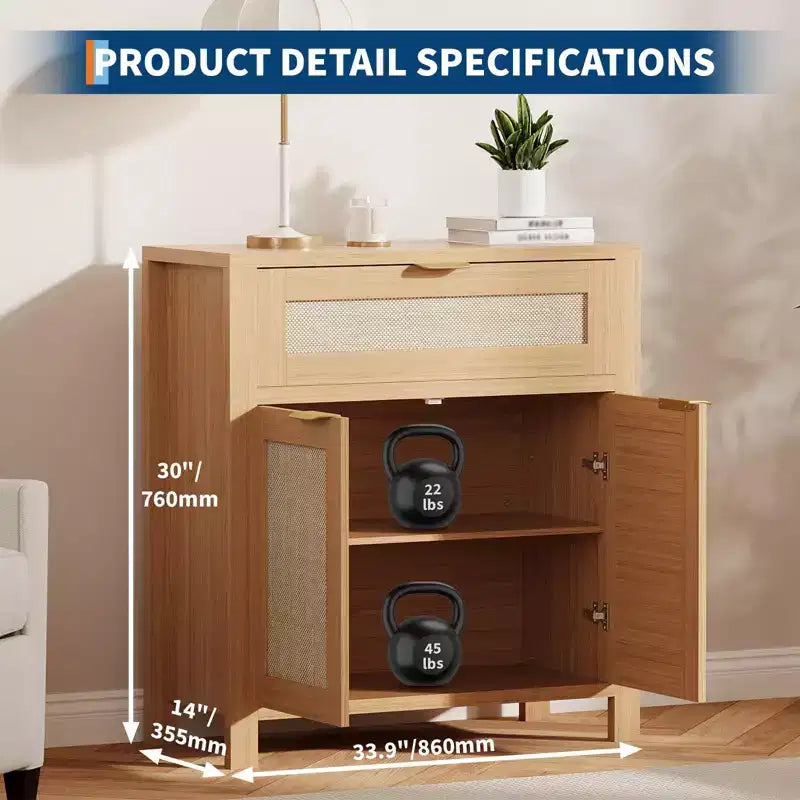 Madia in rovere caramello / rovere naturale con rattan – Credenza a 2 ante con ripiano regolabile e cassetto