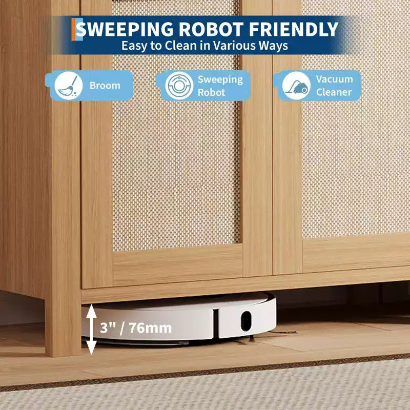 Madia in rovere caramello / rovere naturale con rattan – Credenza a 2 ante con ripiano regolabile e cassetto