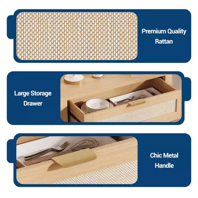 Madia in rovere caramello / rovere naturale con rattan – Credenza a 2 ante con ripiano regolabile e cassetto