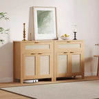 Madia in rovere caramello / rovere naturale con rattan – Credenza a 2 ante con ripiano regolabile e cassetto