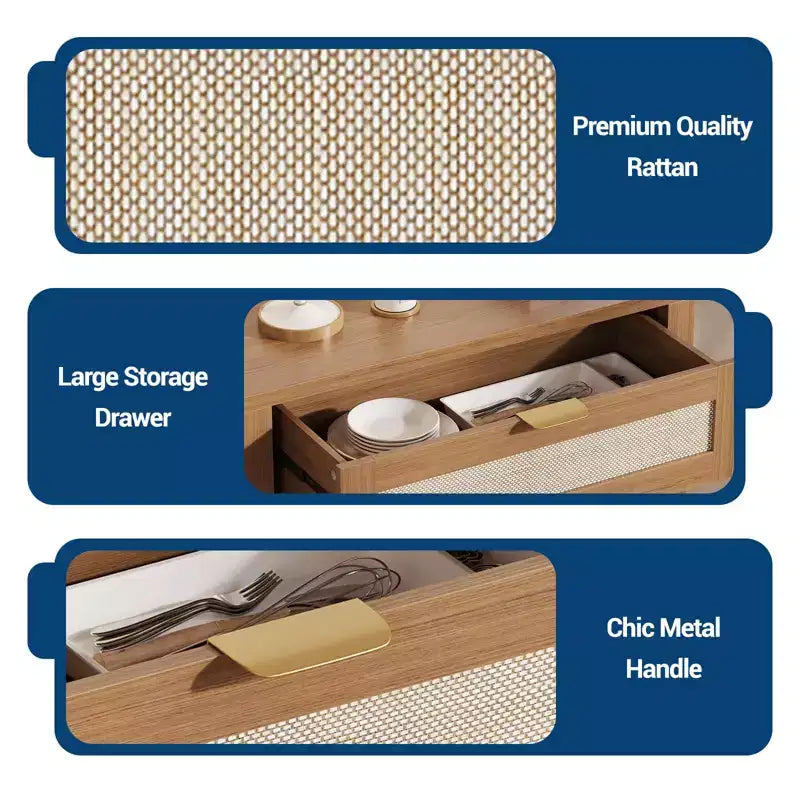 Madia in rovere caramello / rovere naturale con rattan – Credenza a 2 ante con ripiano regolabile e cassetto