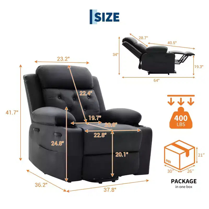 Poltrona reclinabile elettrica alzapersona in similpelle PU Nera / Marrone / Grigia, monoposto, con massaggio e riscaldamento