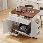 Isola Cucina a Carrello Bianca/Nera con Ribalta, Scaffale Laterale e Ruote – 1 Posto a Sedere